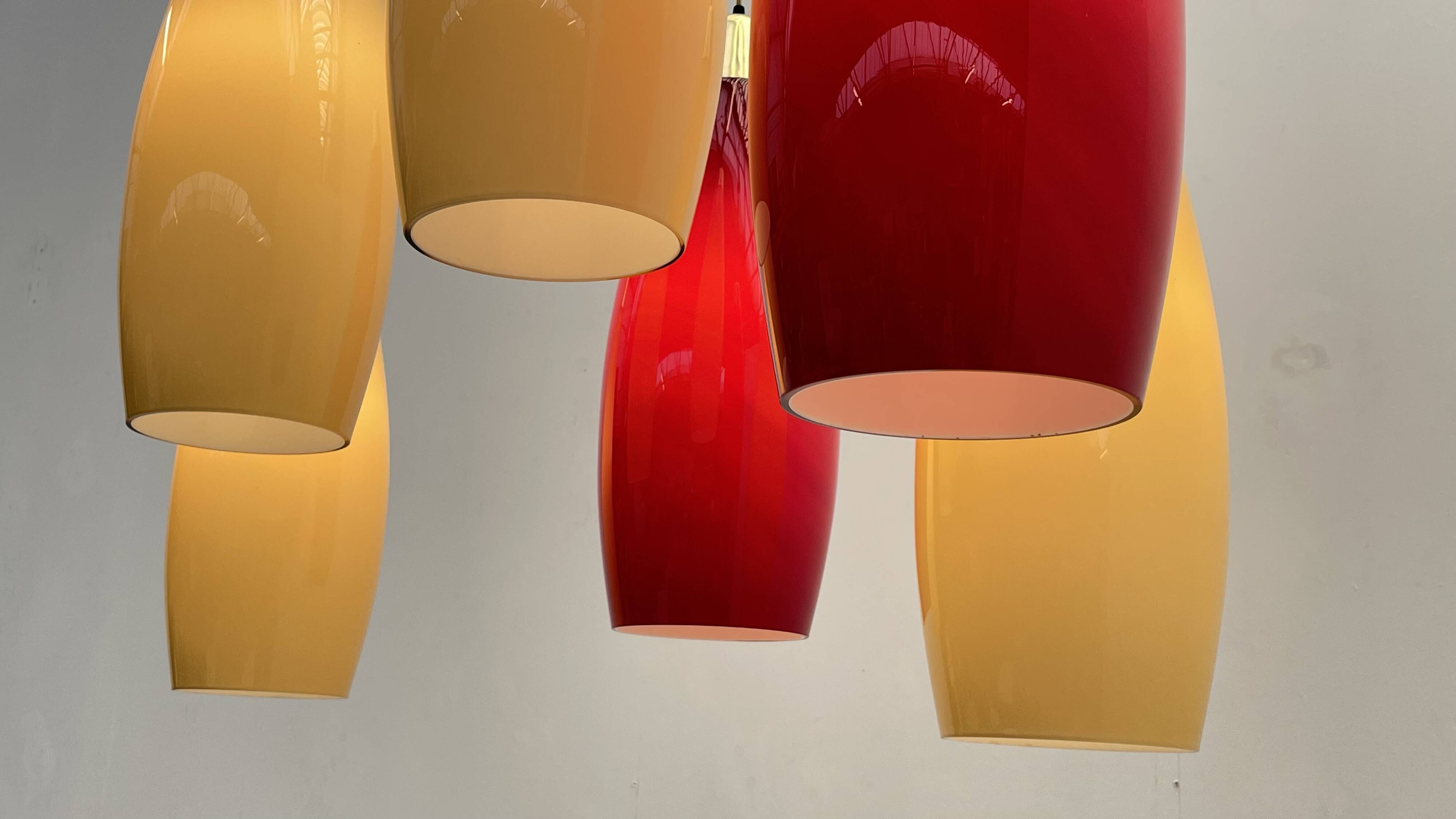 red and yellow murano glass pendants