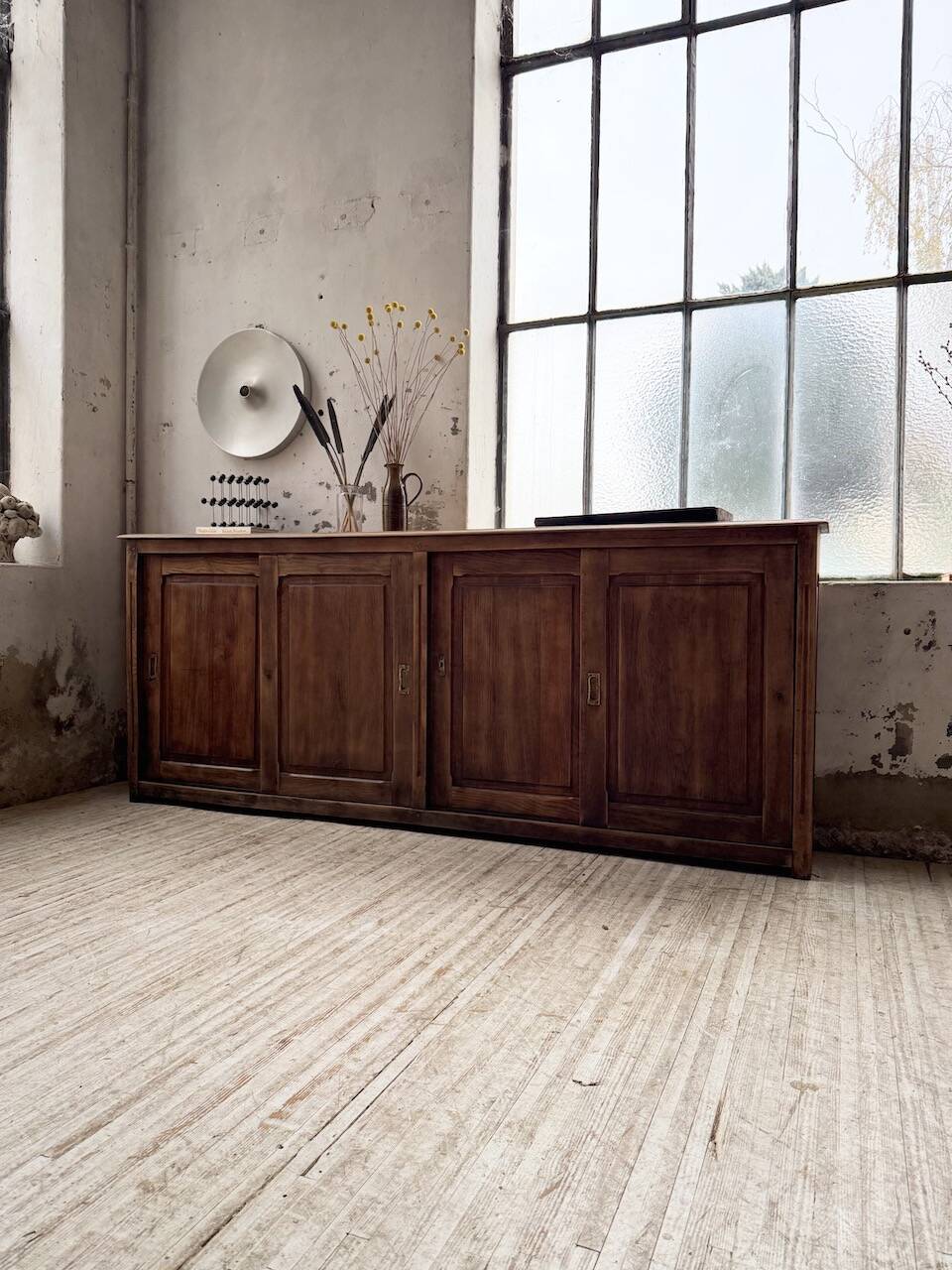 XL oak workshop sideboard with sliding doors from 1900