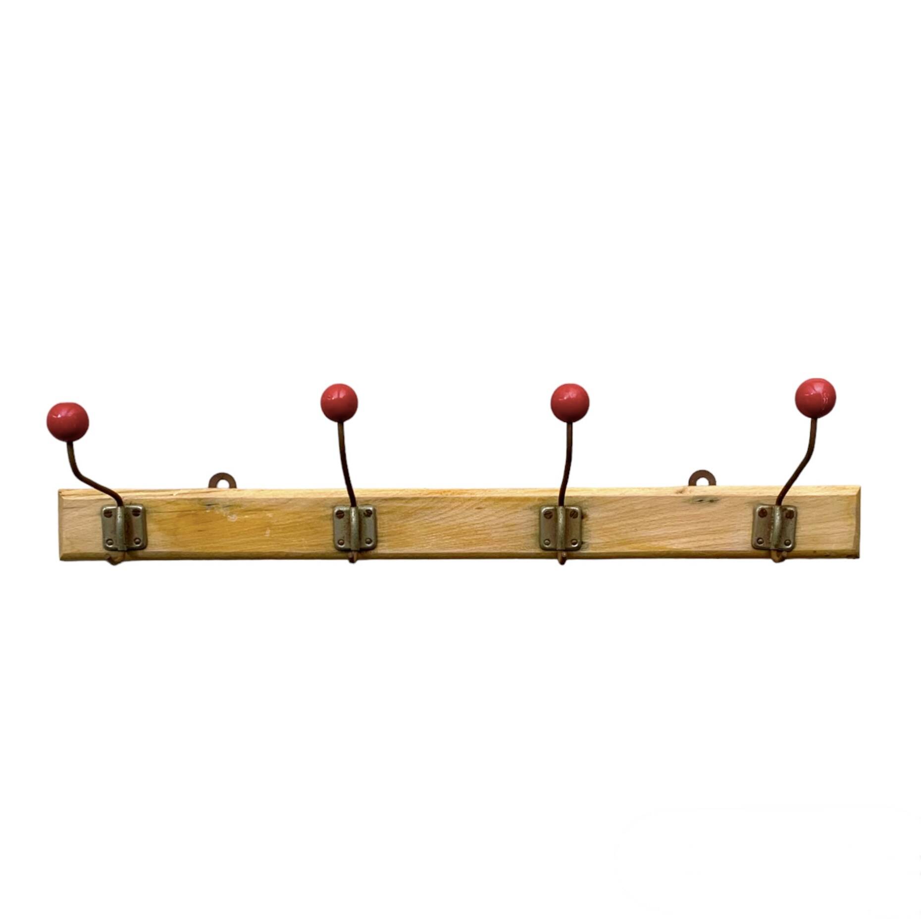 Vintage wooden wall coat rack - 4 red ball coat hooks
