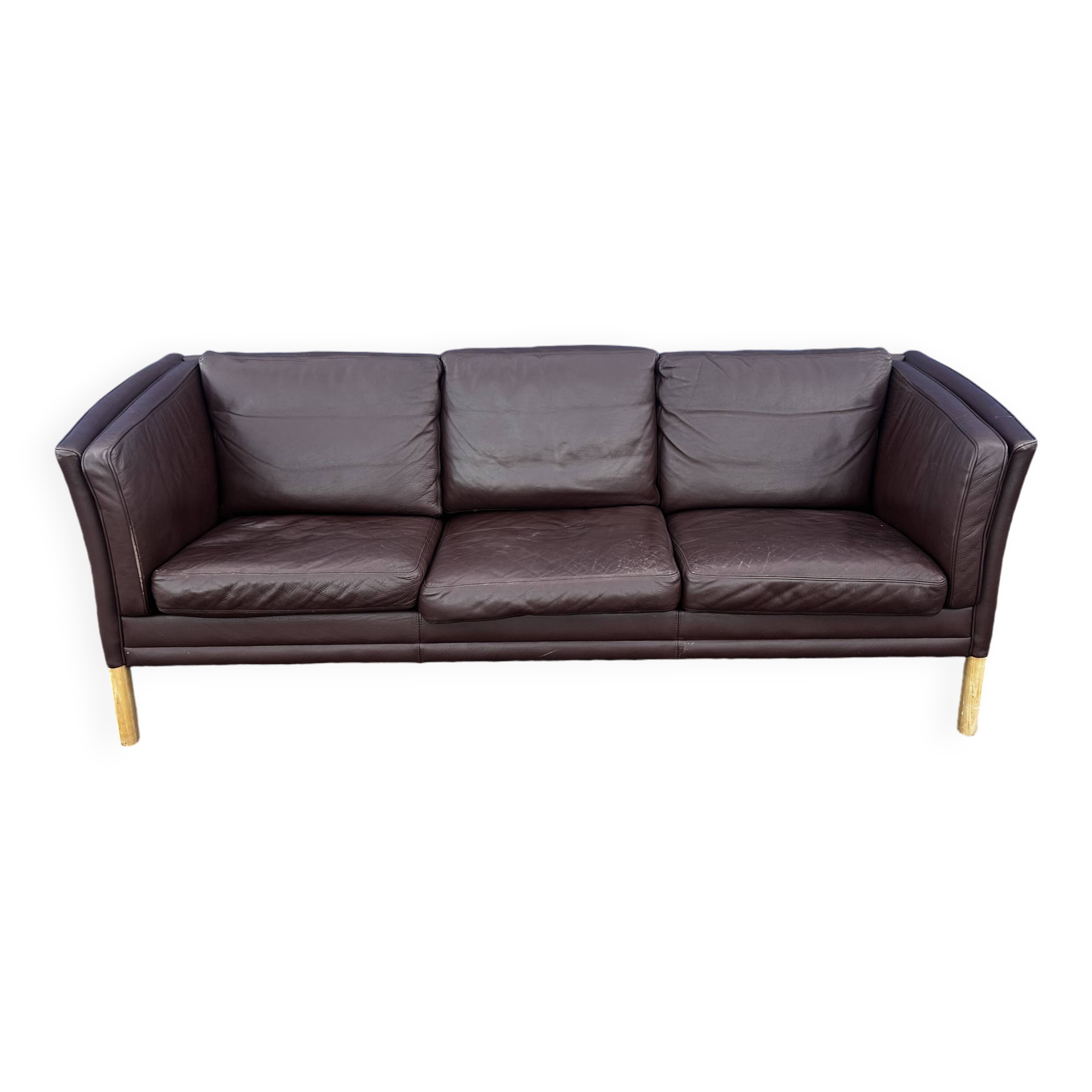 Danish three seater brown leather sofa 1970s