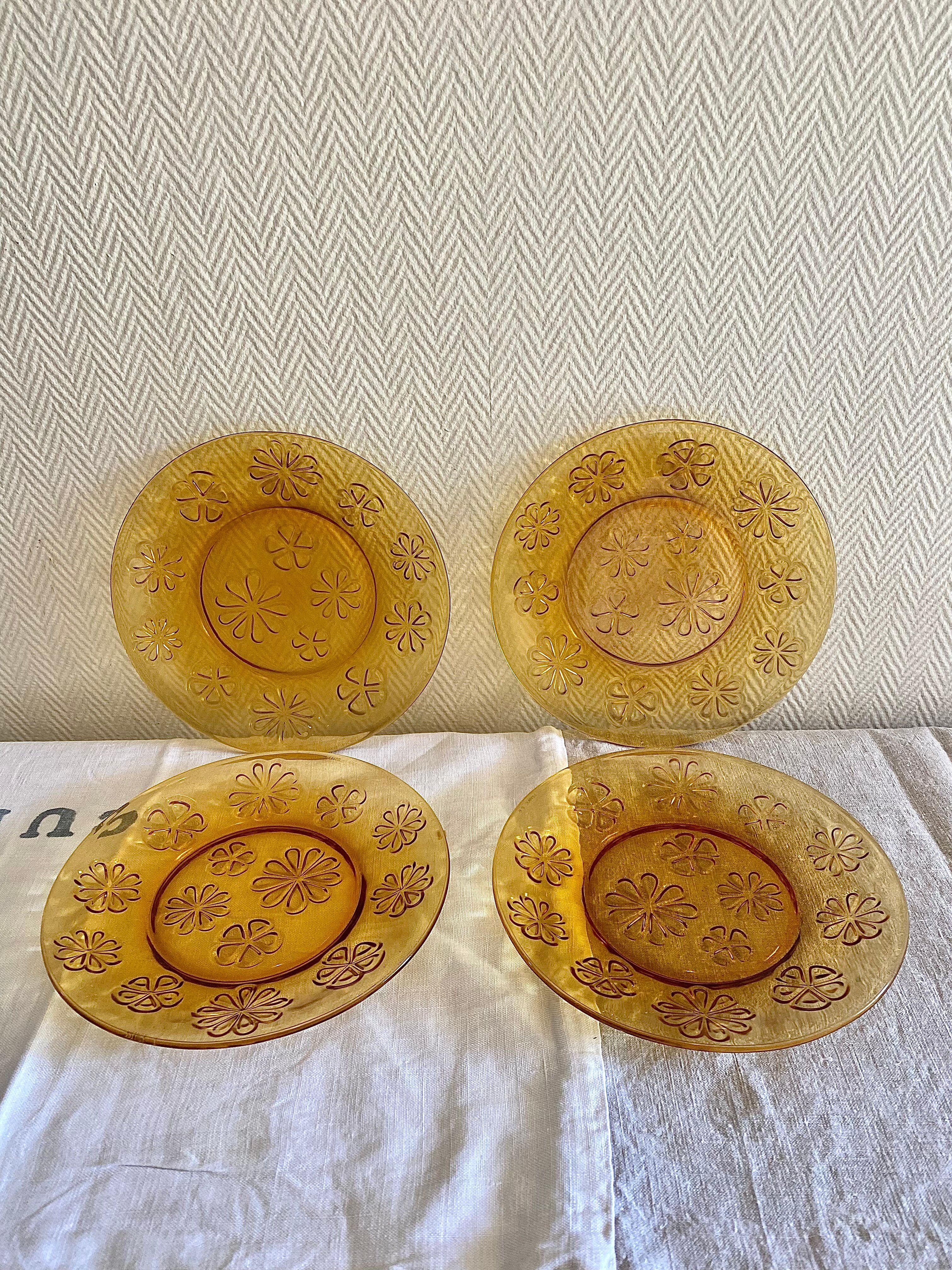 Service assiettes vereco ambré décor floral