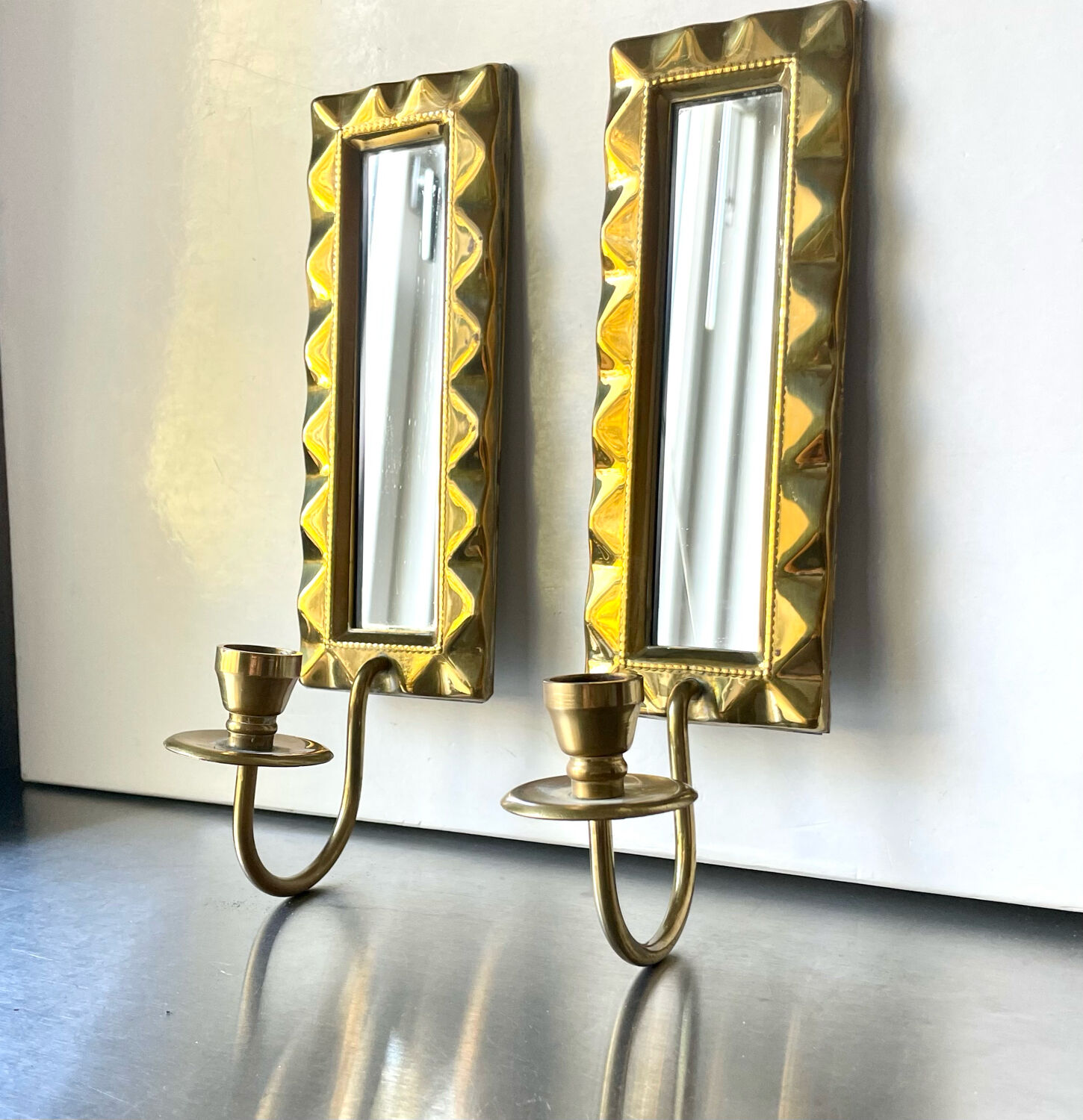 Pair of art deco vintage brass wall candle holders sconces