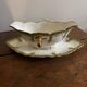 Vintage green Limoges porcelain gravy boat with gilt trim