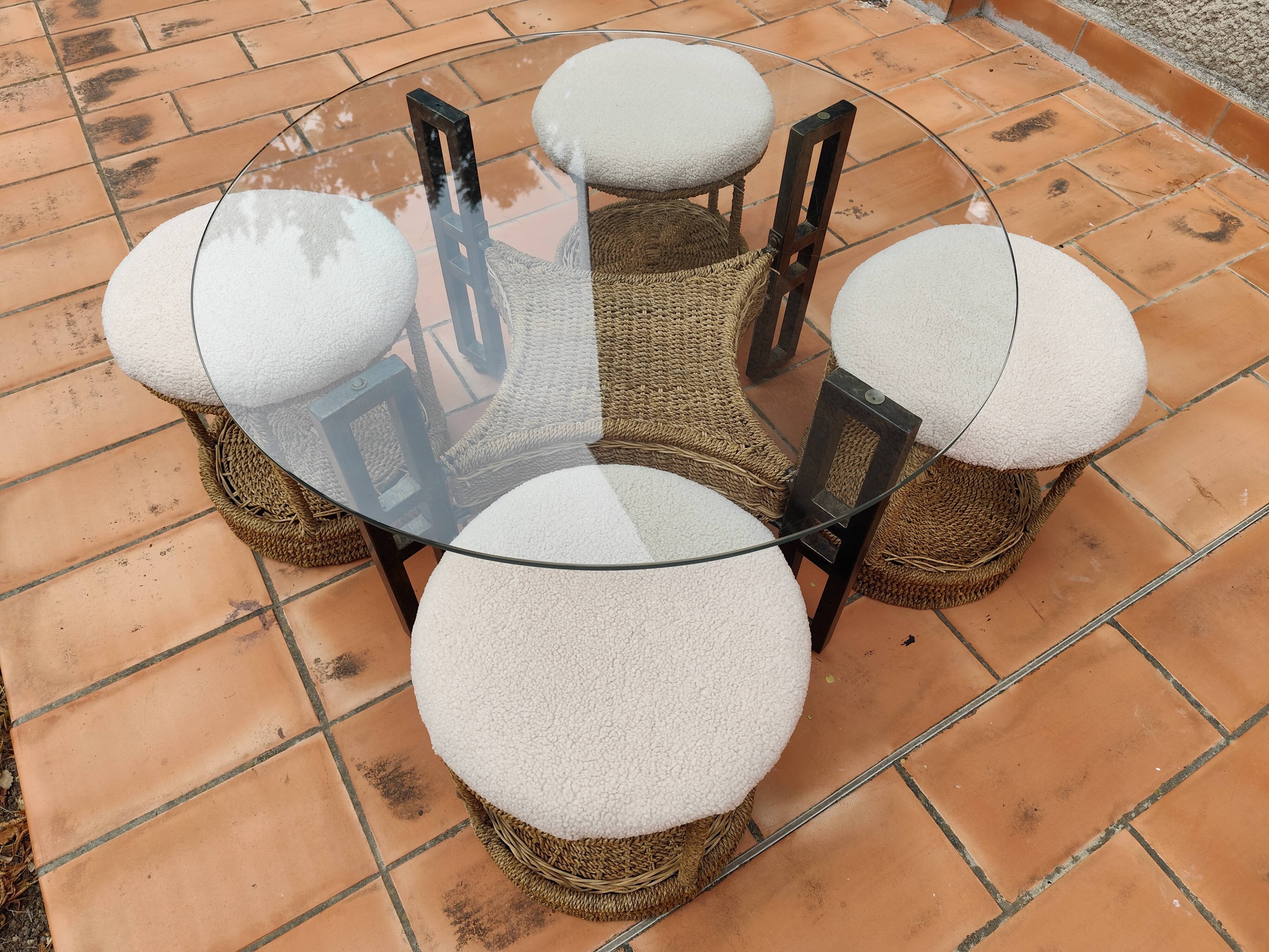 Vintage 1970s rope & rattan coffee table and 4 stools