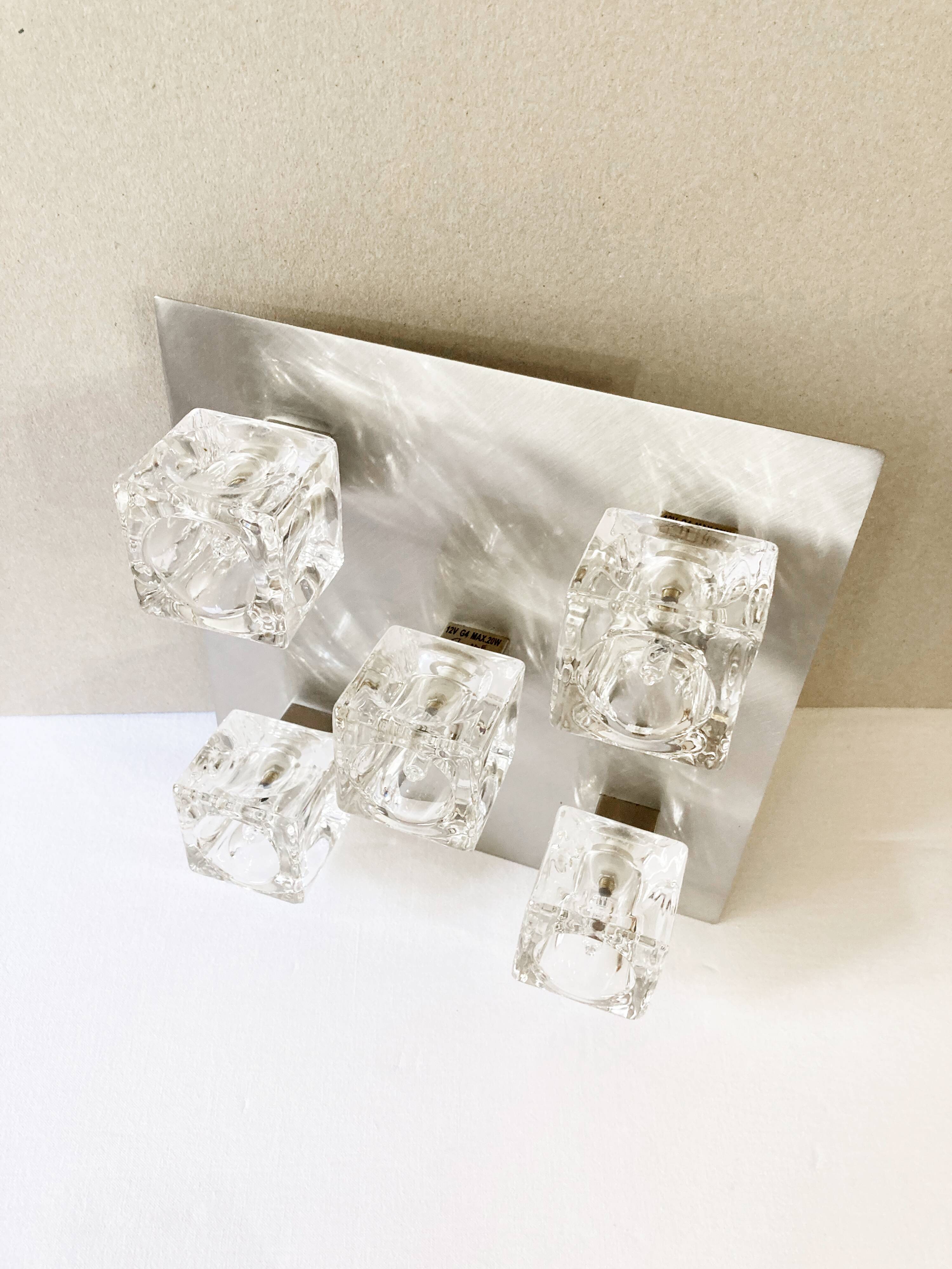 Brushed metal ceiling light and glass globes, 5 halogen candles