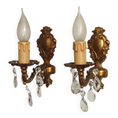 Pair French Vintage Single Bronze Wall Lights Adorned With Crystal Droplets