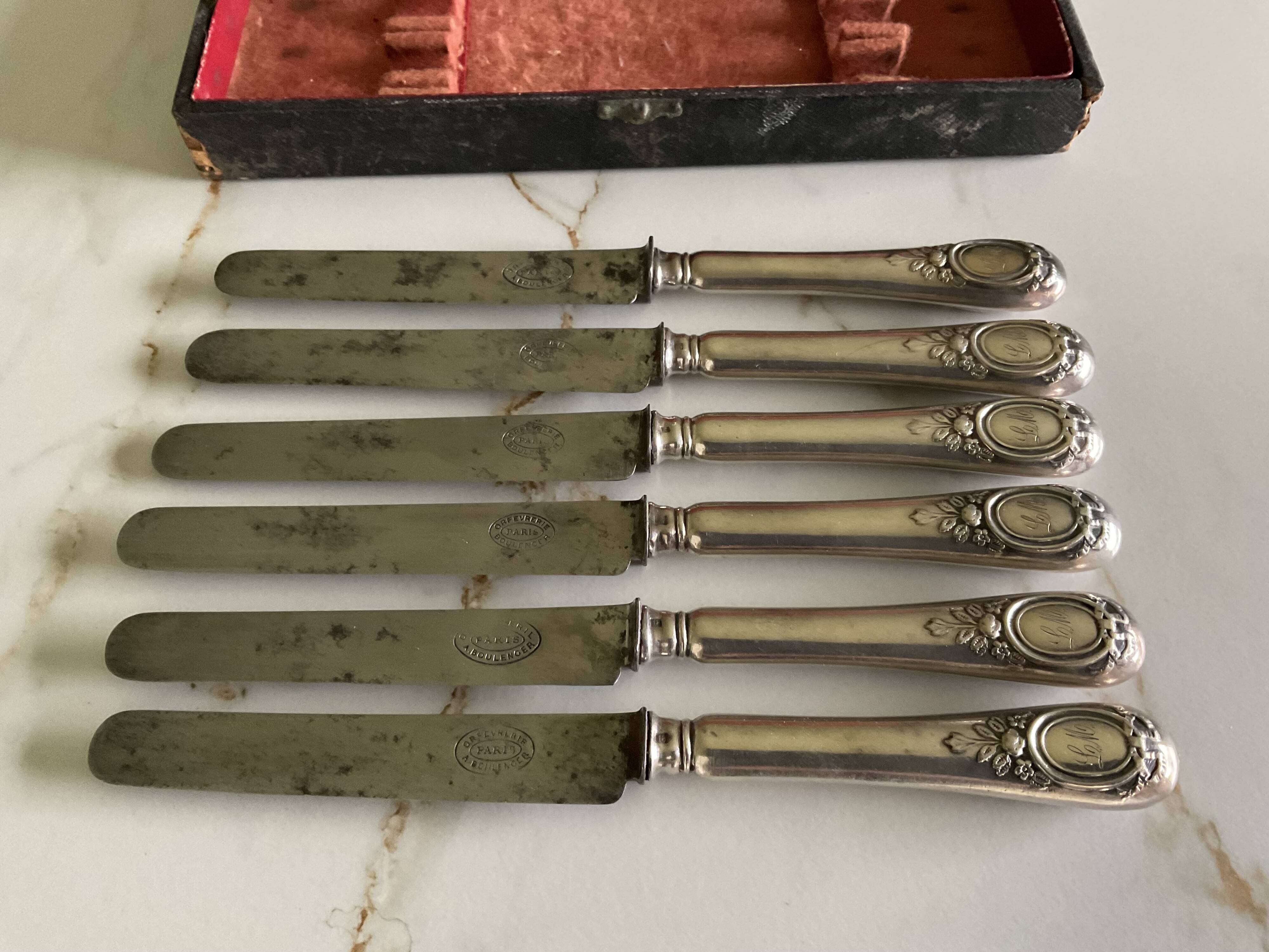 Box of 6 Boulenger knives. Antique. Monogrammed LM.