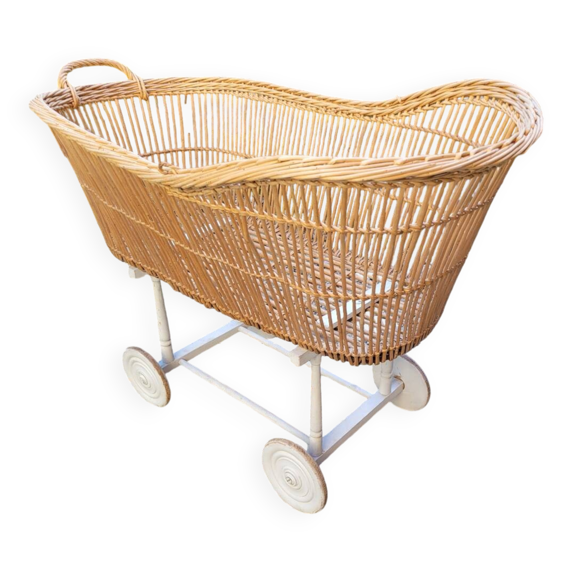 Wicker cradle on wheels, late 19th century