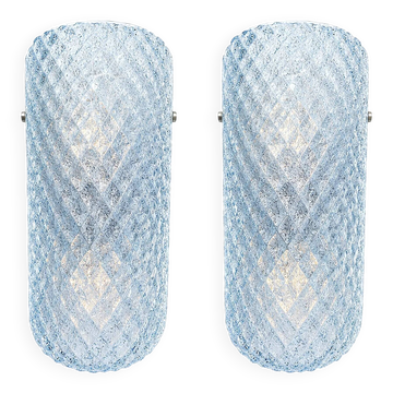 Italian Mid-Century Light Blue Rhombus Murano Glass Wall Sconces Set of 2