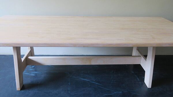 Grande table à tréteaux de ferme en chêne cérusé, années 40-50