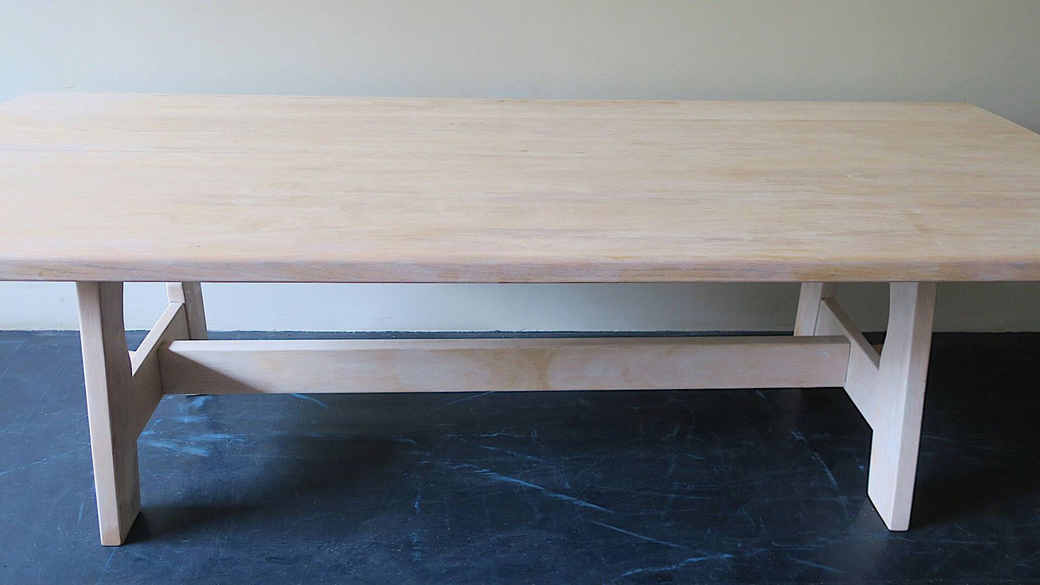 Large farmhouse trestle table in limed oak, 1940s-50s