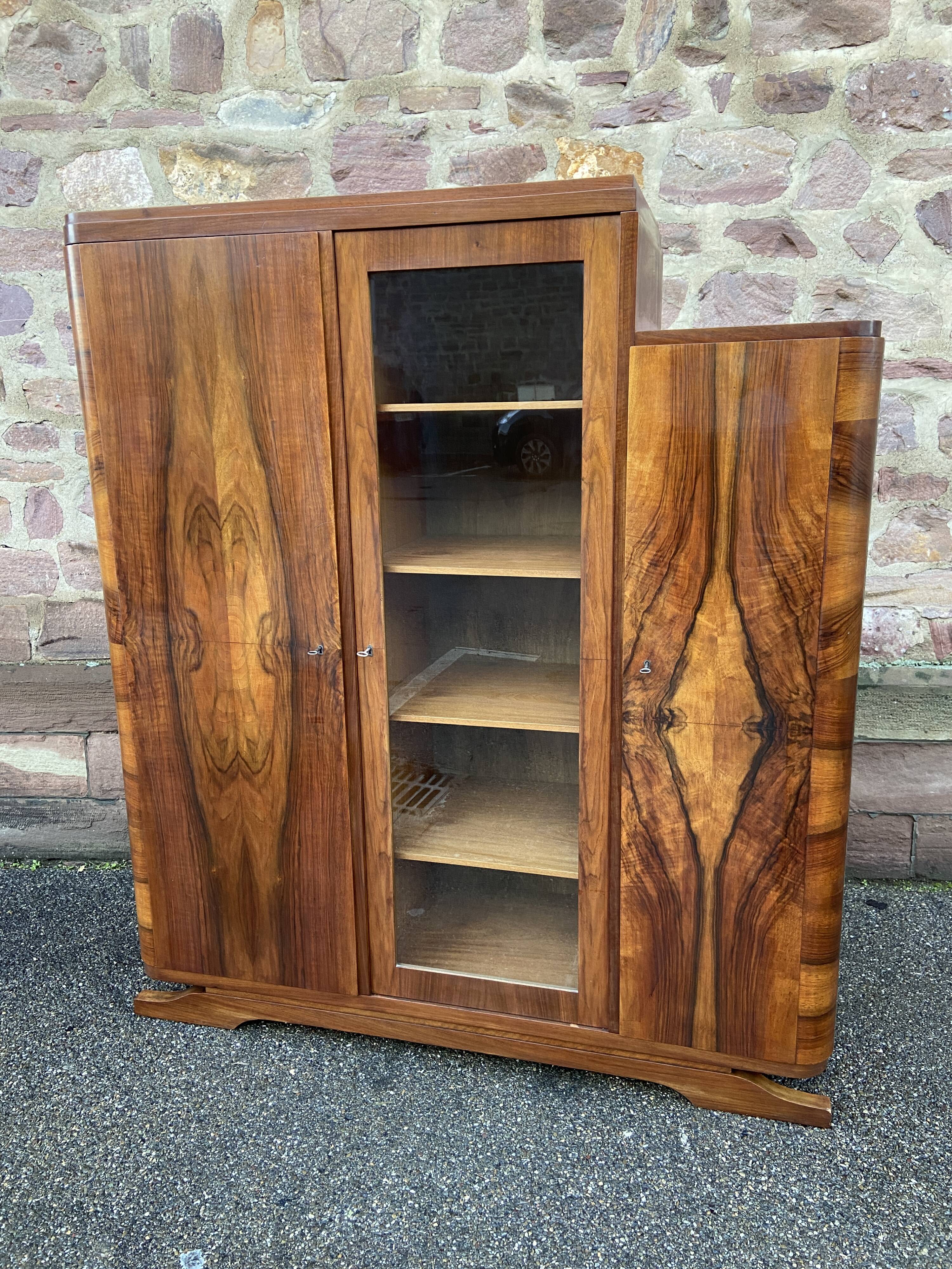 Mid-century art-deco library display case vintage 1950 burl walnut