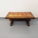 Vintage Brutalist Rustic Rectangular Coffee Table in Solid Oak and Ceramic from the 60s 70s