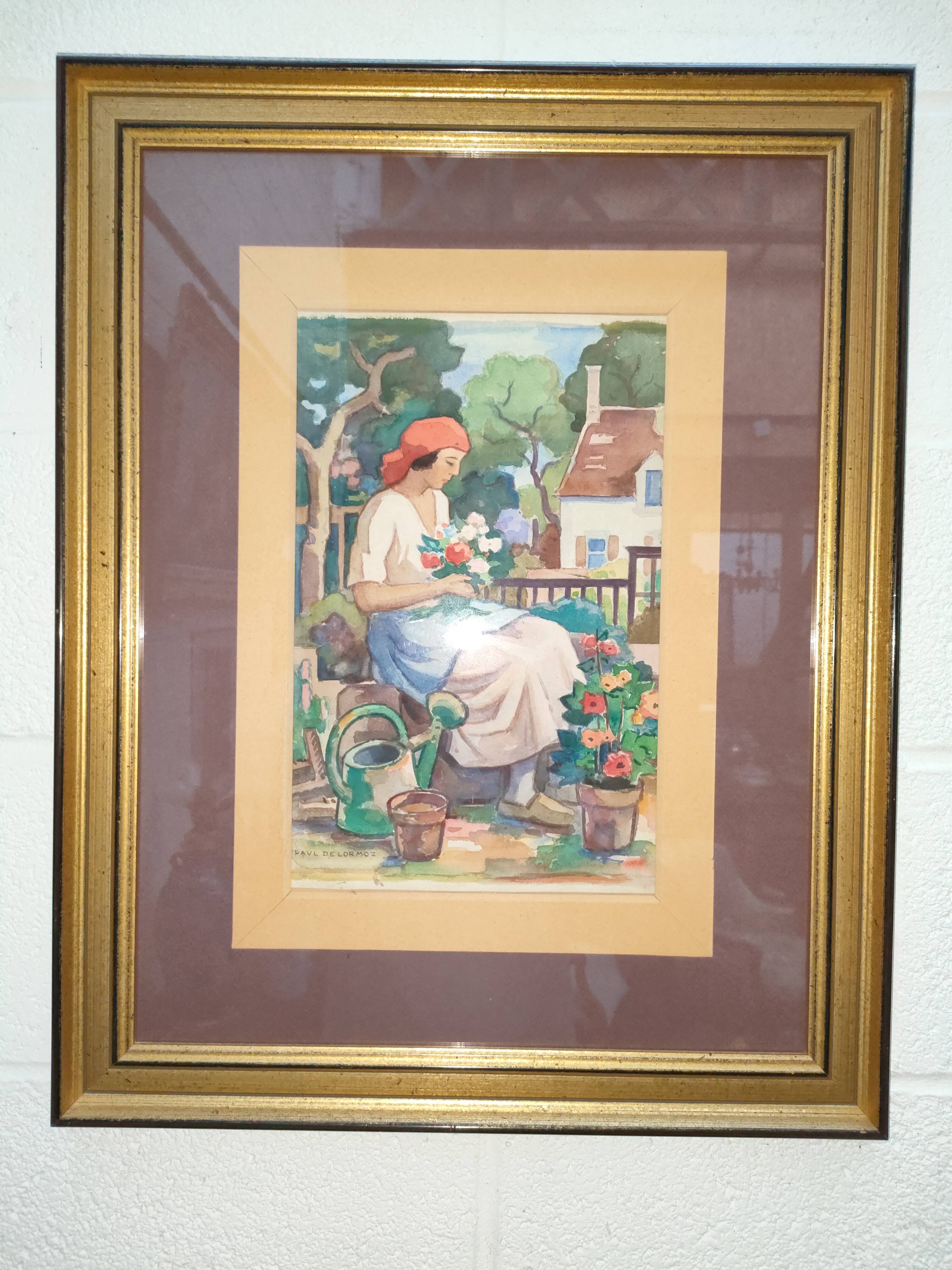 Original watercolour signed by Paul Delormoz (1895-1980) – Woman in the garden – In