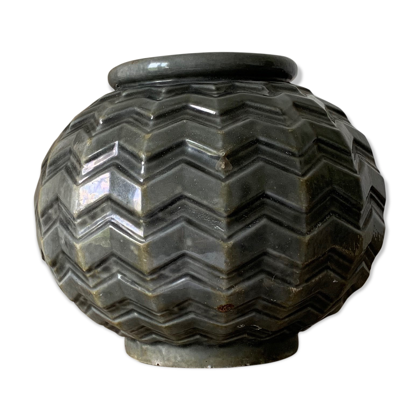 Vase grey ball cast iron emmaille pattern triangle art deco