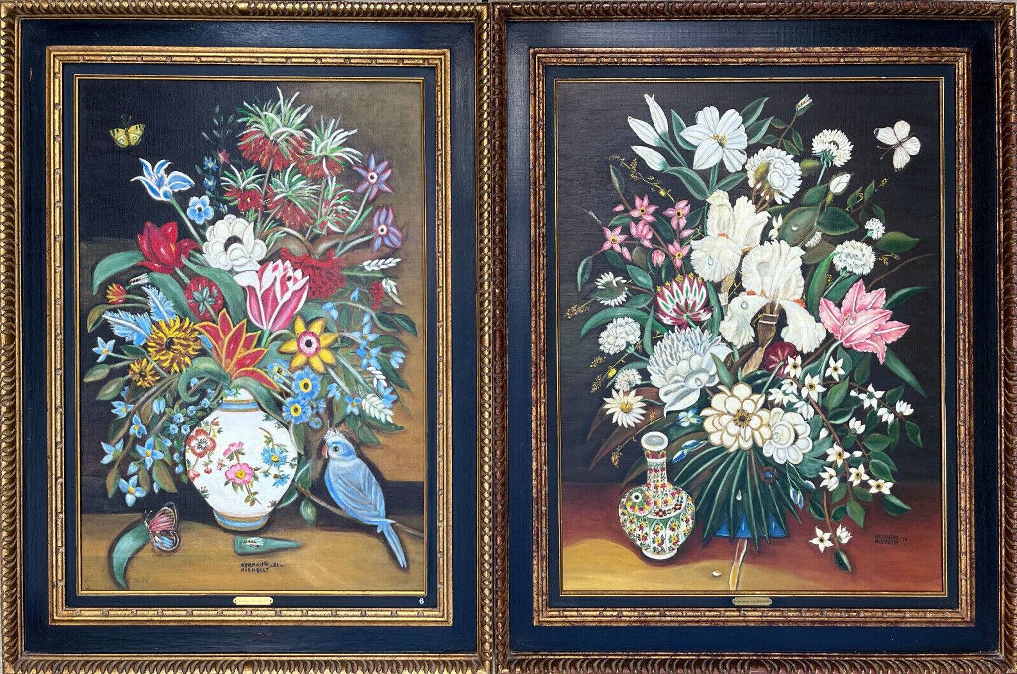 Pendant Gd Tableaux HST "Bouquet of flowers" signed Germaine Michelet + frame