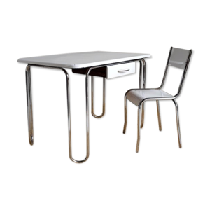 Bureau et sa chaise en métal nickelé et émaillé 1930