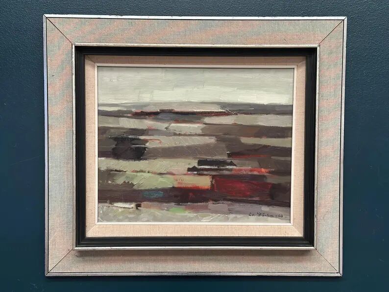 Original Swedish Oil on Panel – “Field Patches” by Evert Färhm (1901–1971) – Signed – 1968 – Vintage & Framed – 61 × 53 cm (24" × 20.9")