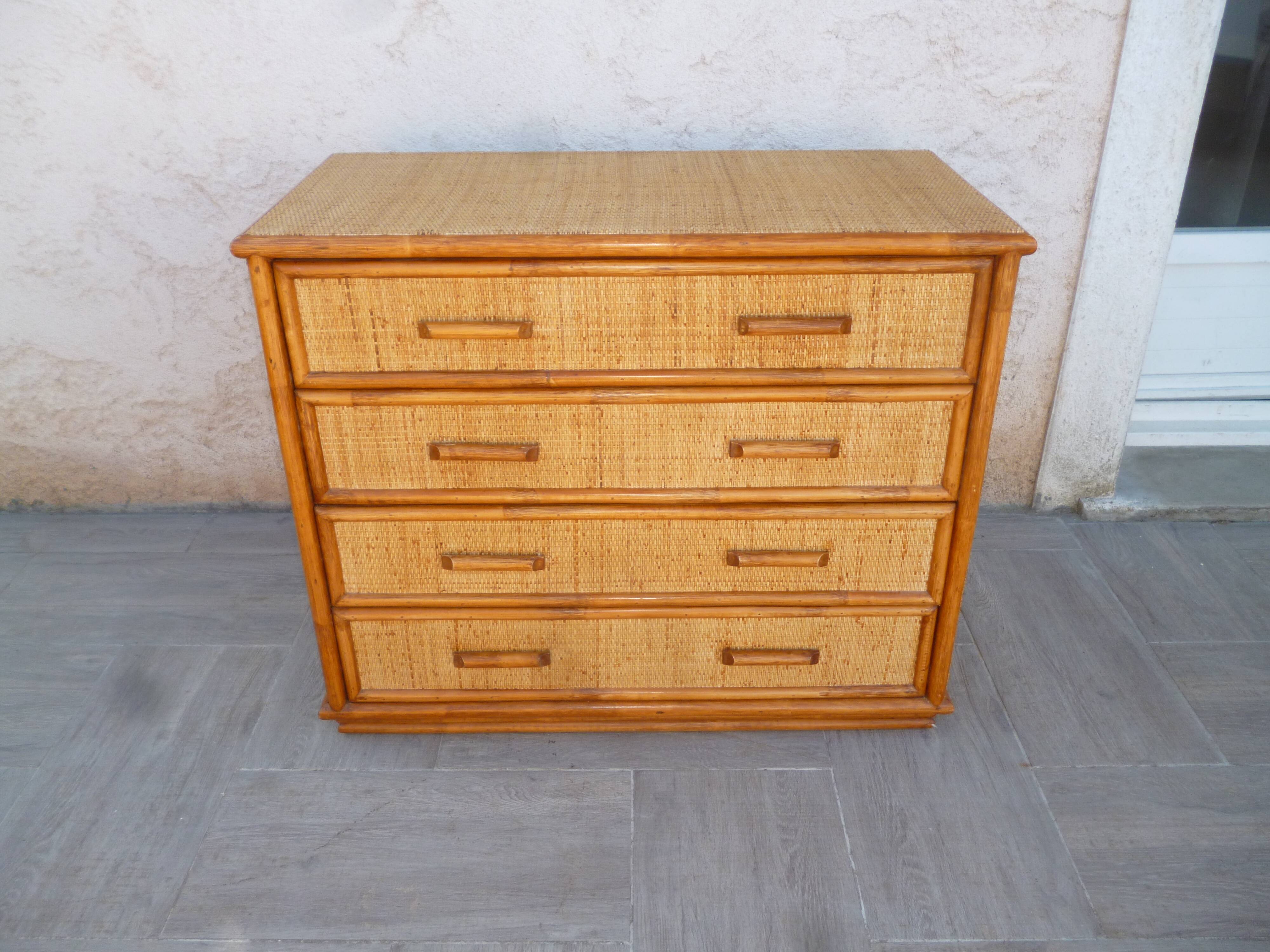 Vintage rattan bamboo chest of drawers