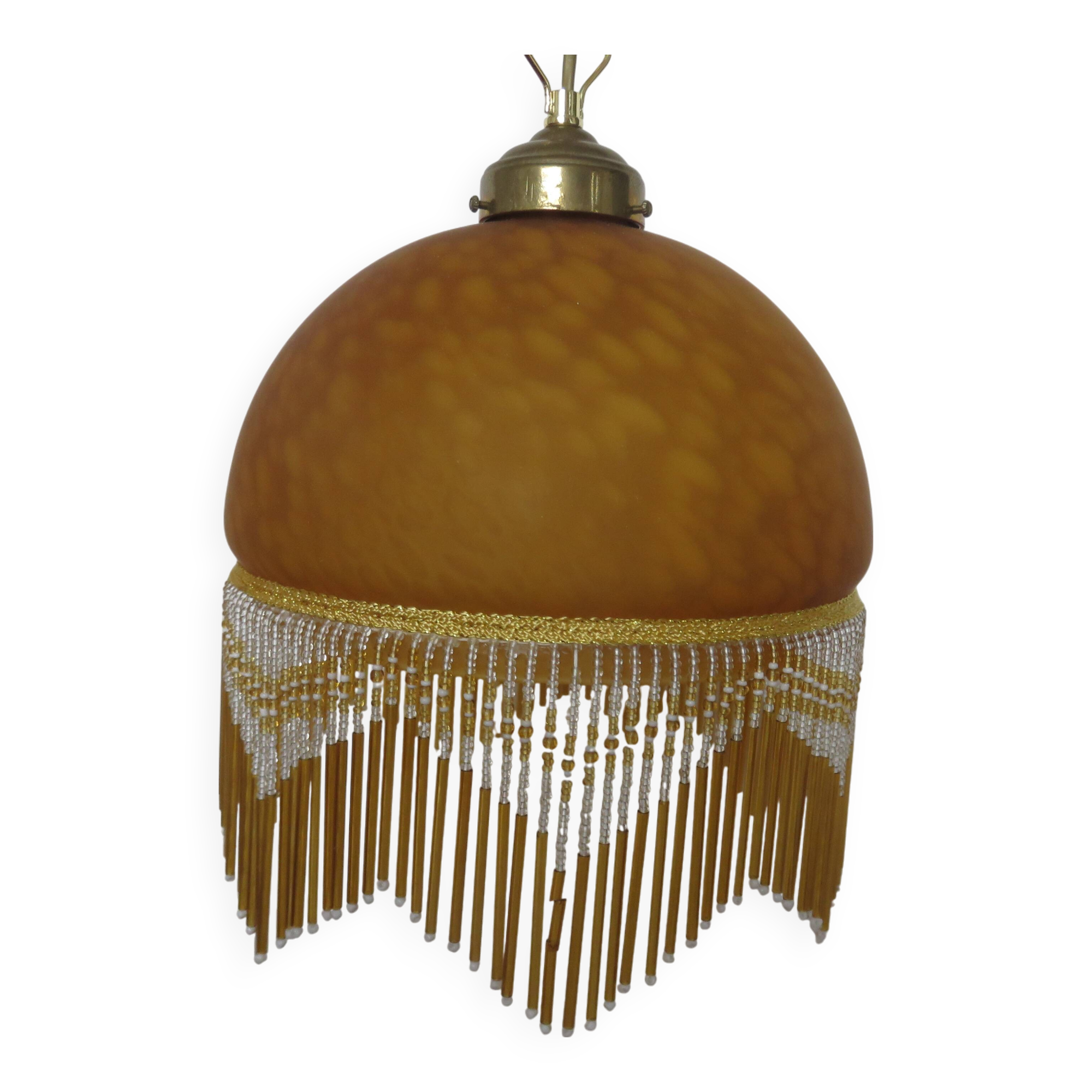 Victorian pendant light in marbled glass, beaded fringes and brass