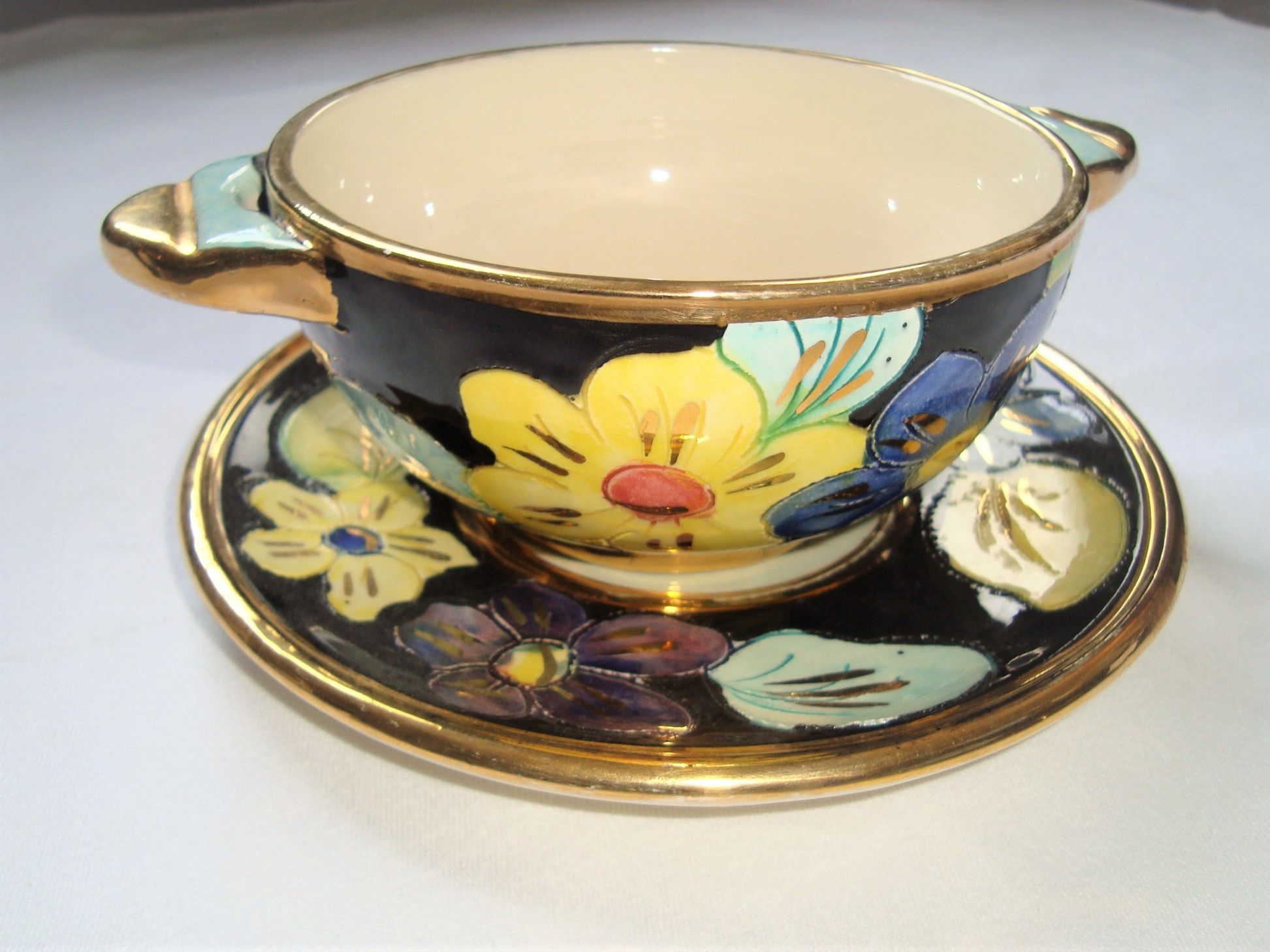 Ear Bowl + Ceramic Saucer Vallauris Flowers Edged Golden