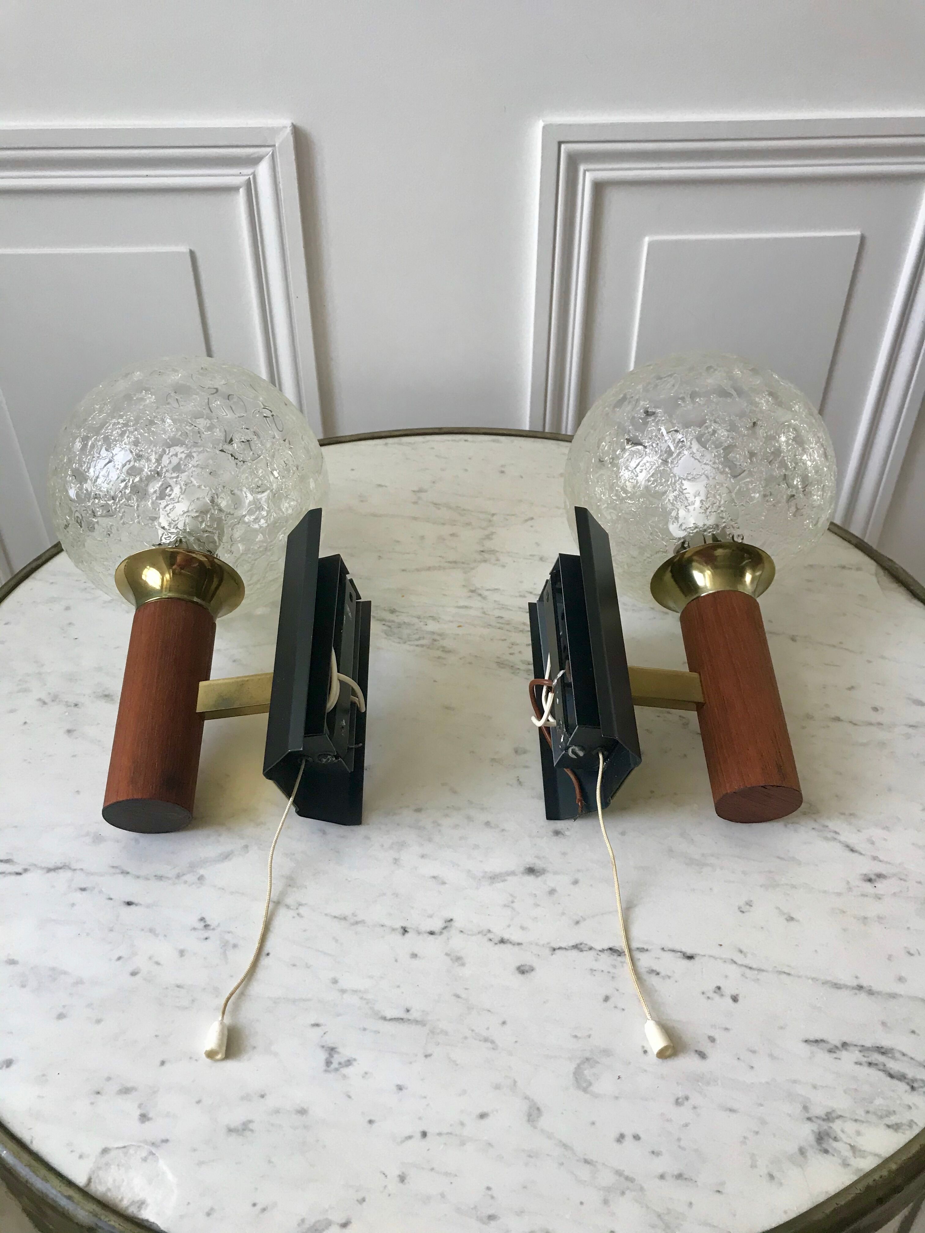 Pair of wall sconces balls in blown glass, metal and teak style 50s