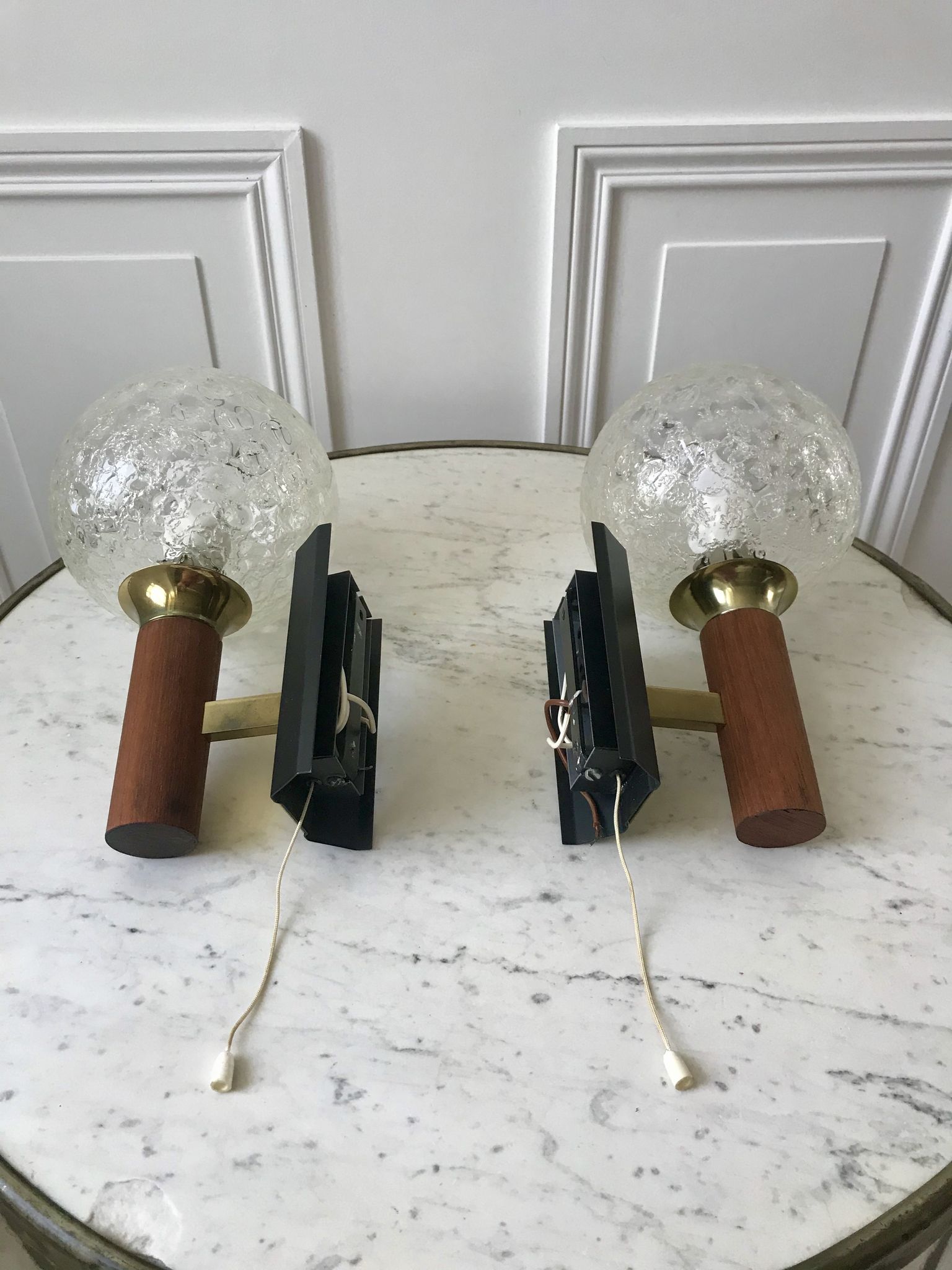 Pair of wall sconces balls in blown glass, metal and teak style 50s