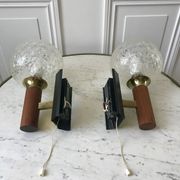 Pair of wall sconces balls in blown glass, metal and teak style 50s