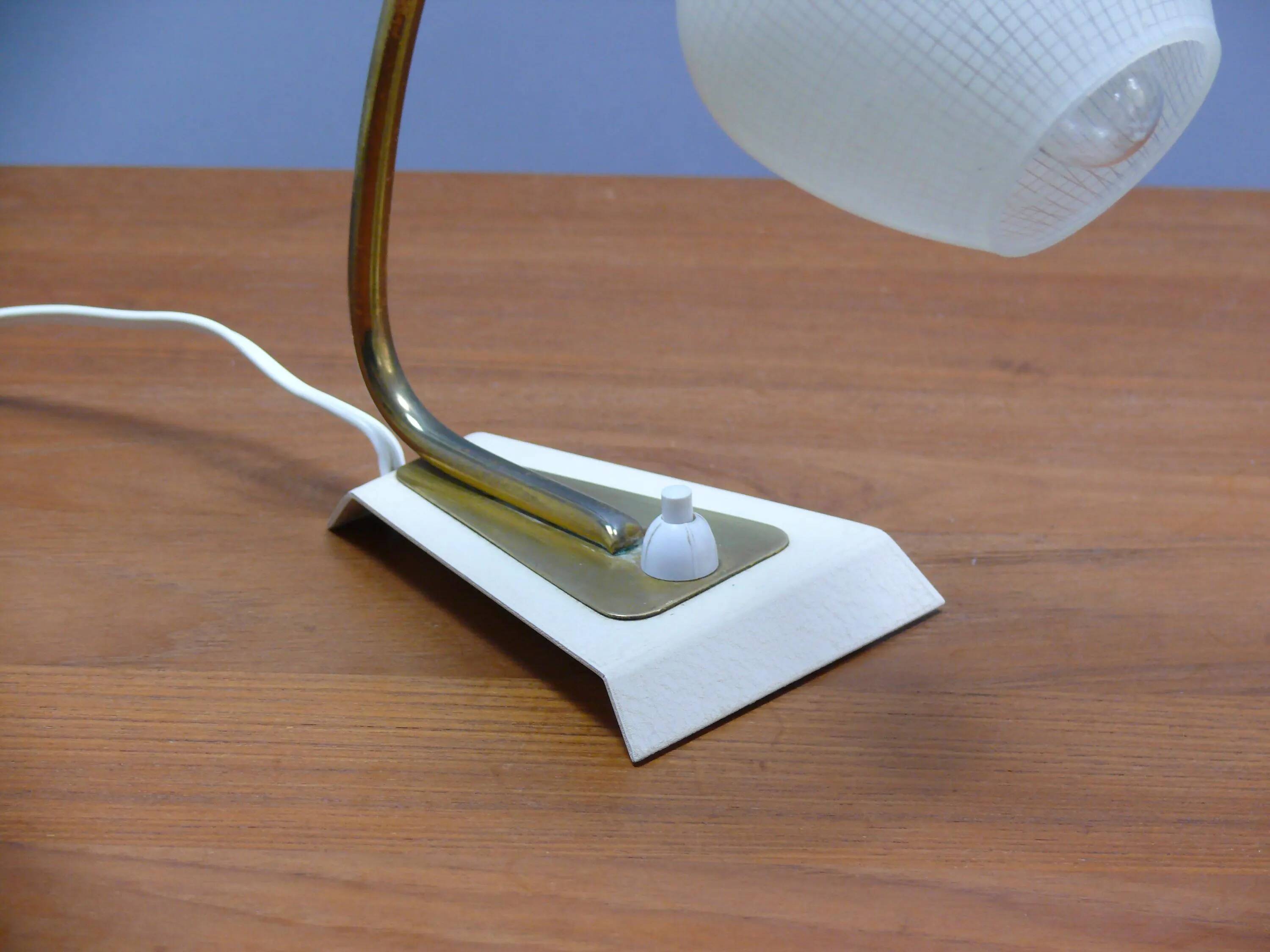 Two bedside lamps - metal/brass table lamps with opal glass shade - 1960s, vintage style