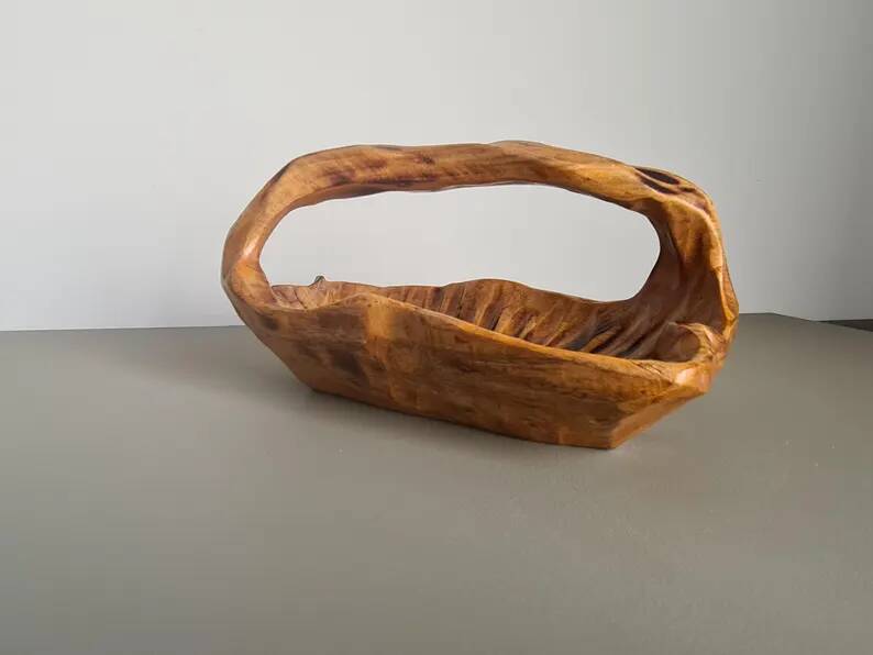 Hand-carved wooden empty pocket basket vintage French
