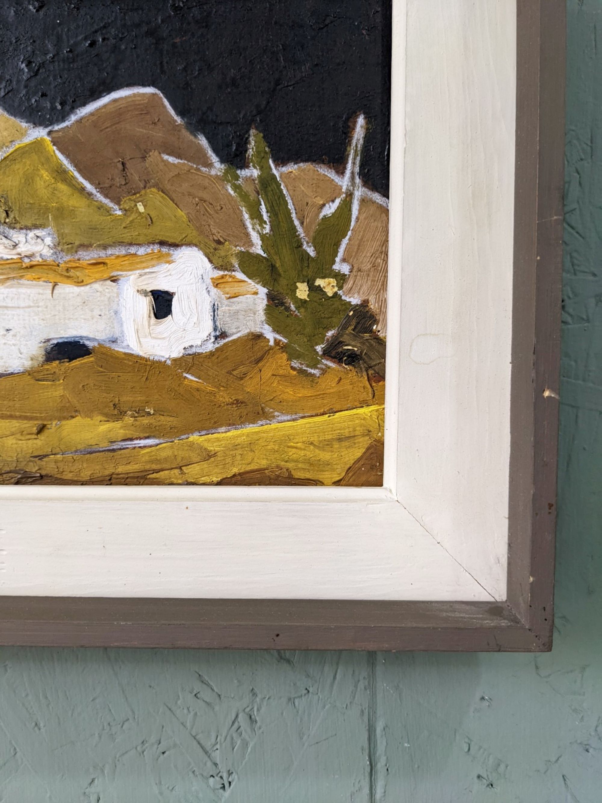Mid-Century Modern Swedish Oil Painting "White Village" Vintage Framed Landscape