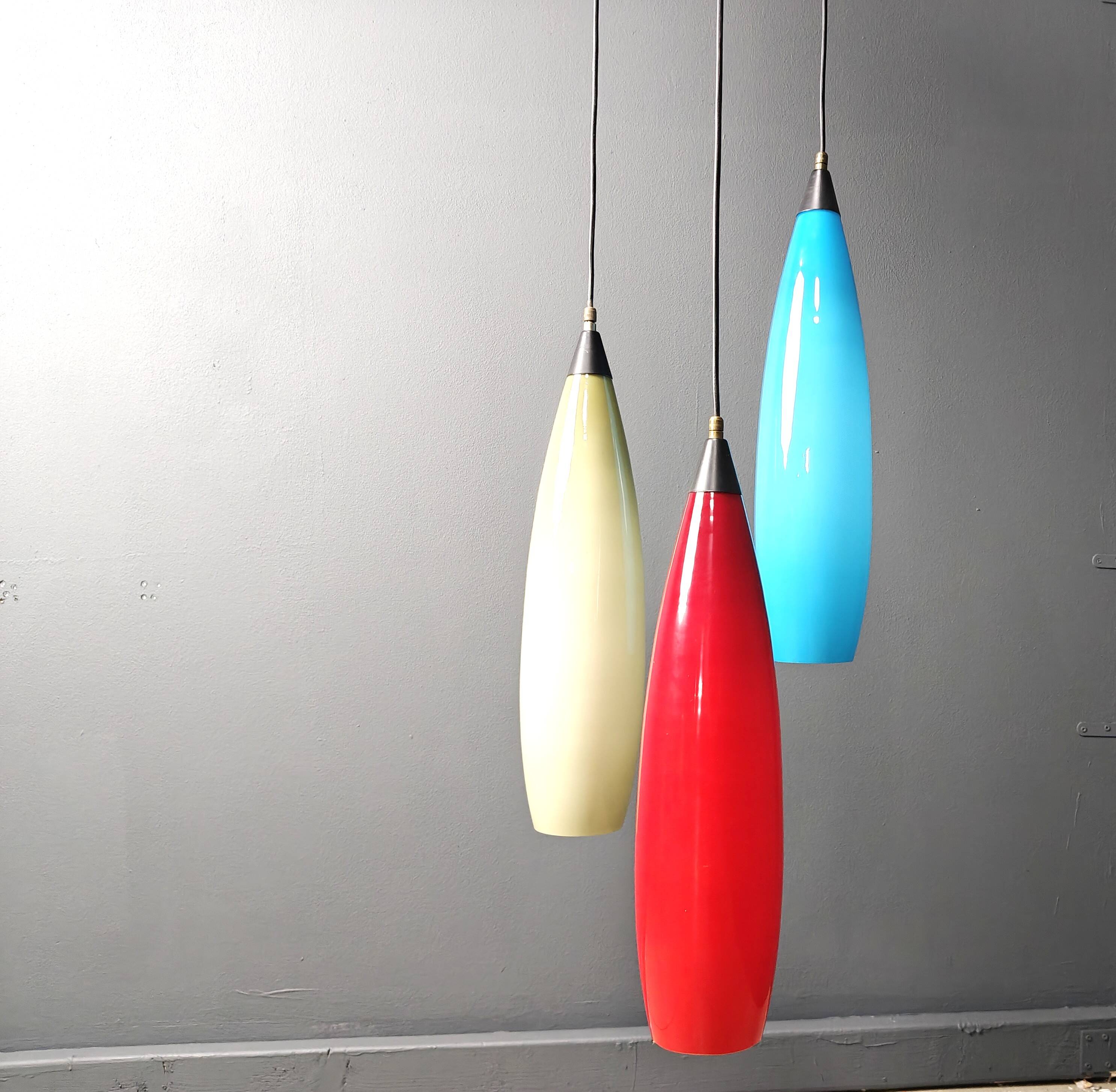 Vintage 3 glass pendant lights by Vistosi, 1970s