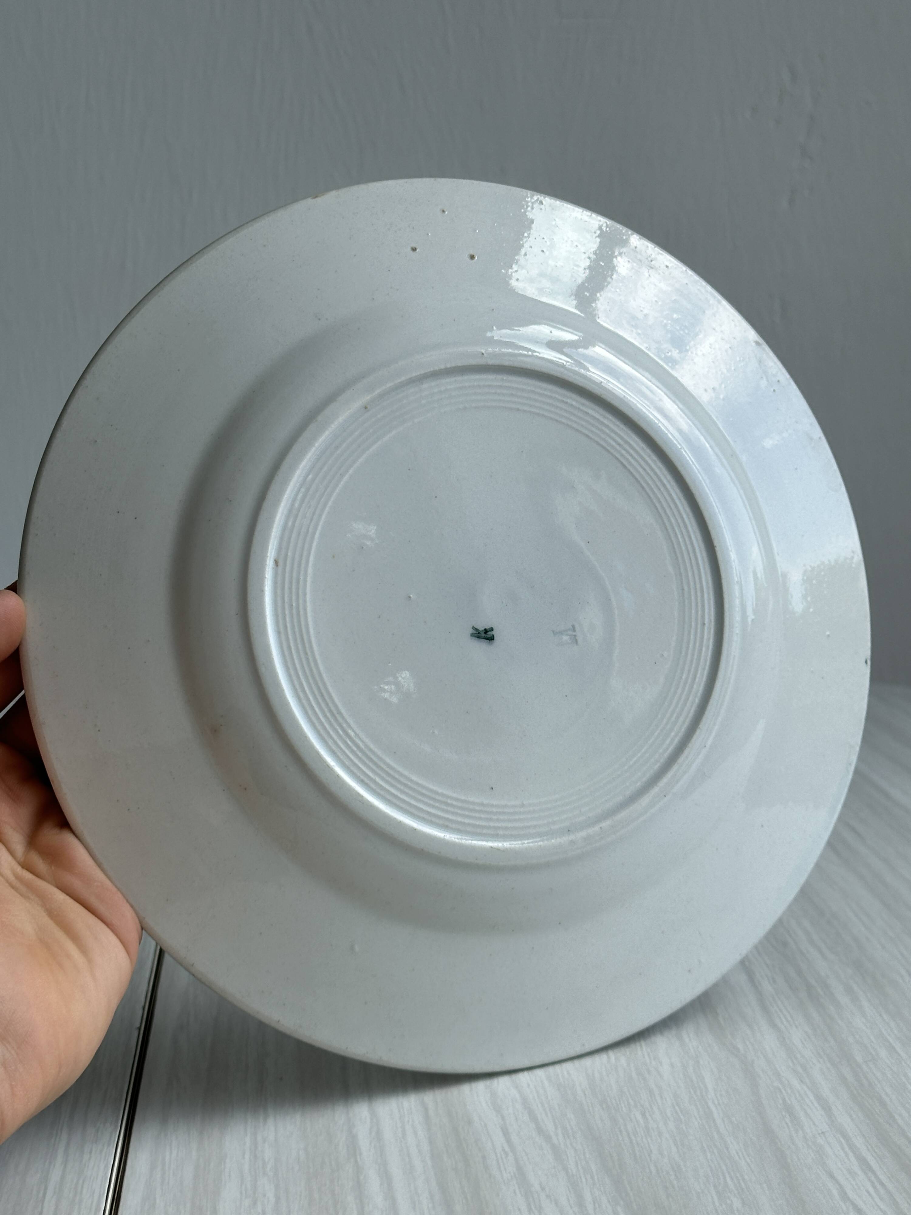 6 earthenware dinner plates, green decor, St Amand Nord iron earth.