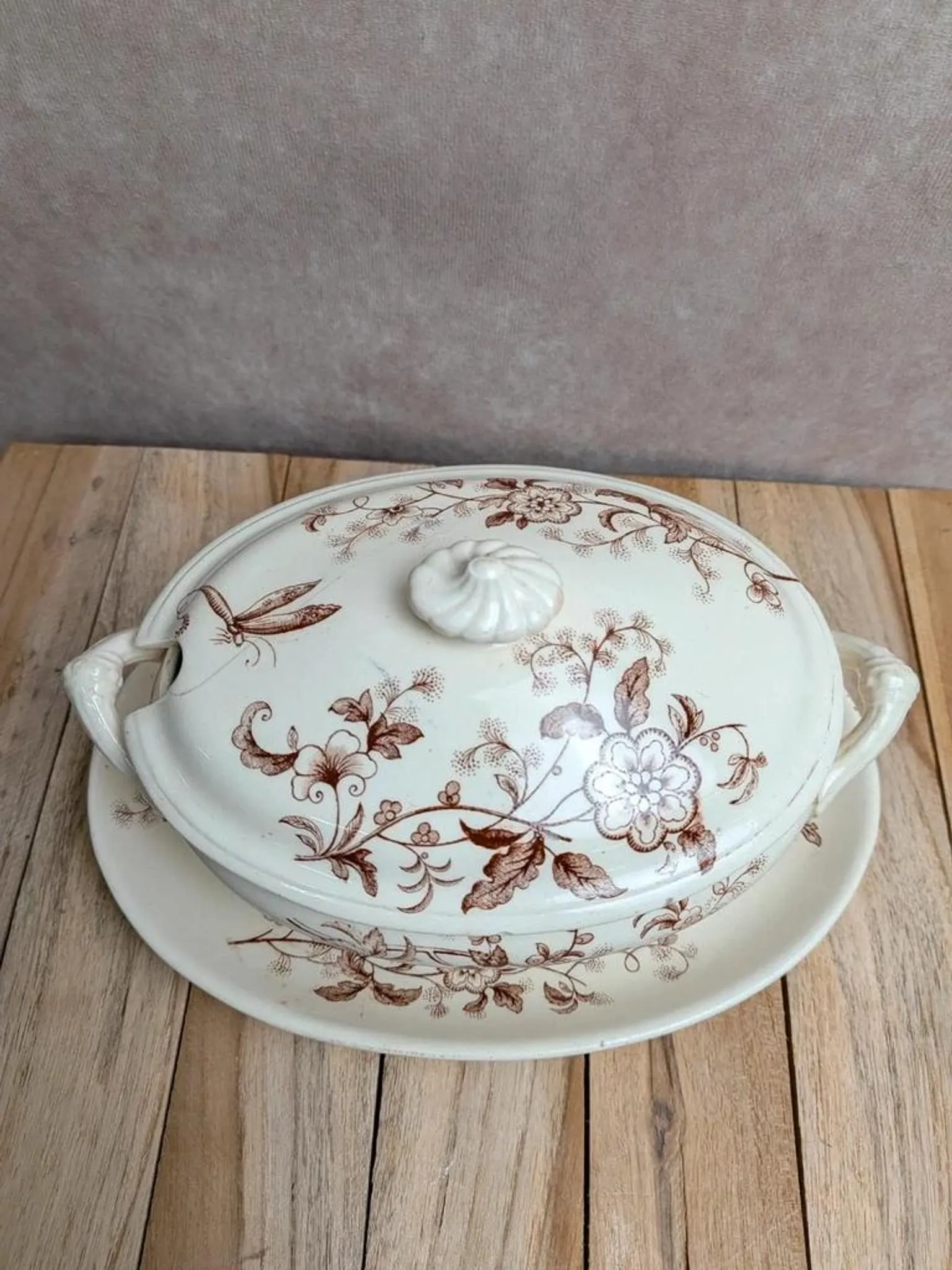 Antique sauce boat in ironstone from Salins – Sepia dragonfly decoration – With lid
