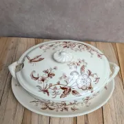 Antique sauce boat in ironstone from Salins – Sepia dragonfly decoration – With lid