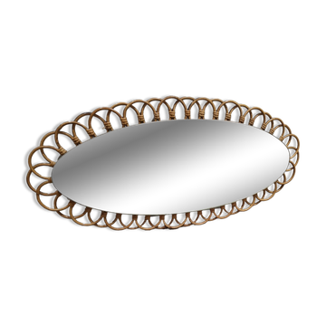 Grand miroir en rotin ovale vintage 1960