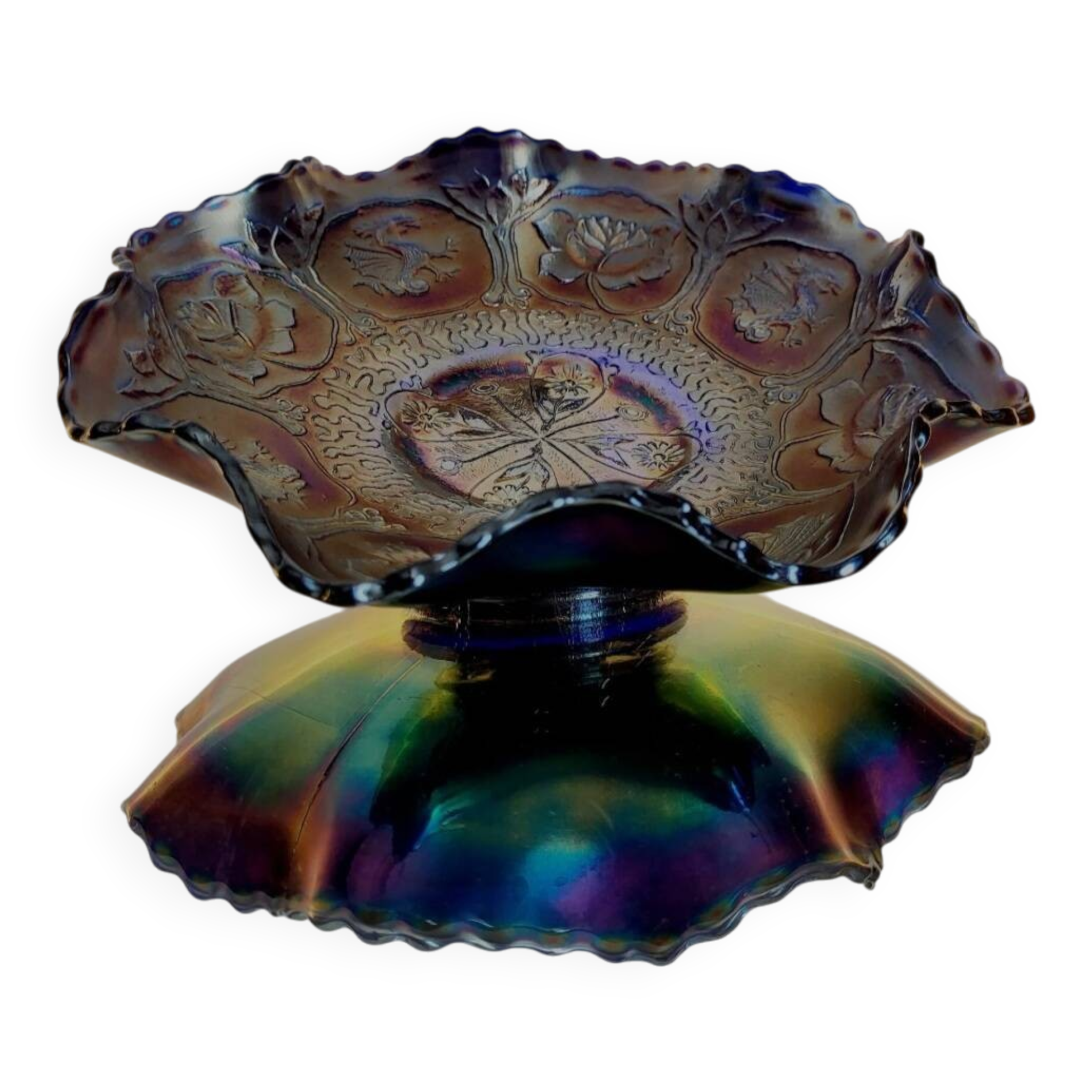 Prachtige schaal in iriserend glas met decor van dragon en lotus fenton