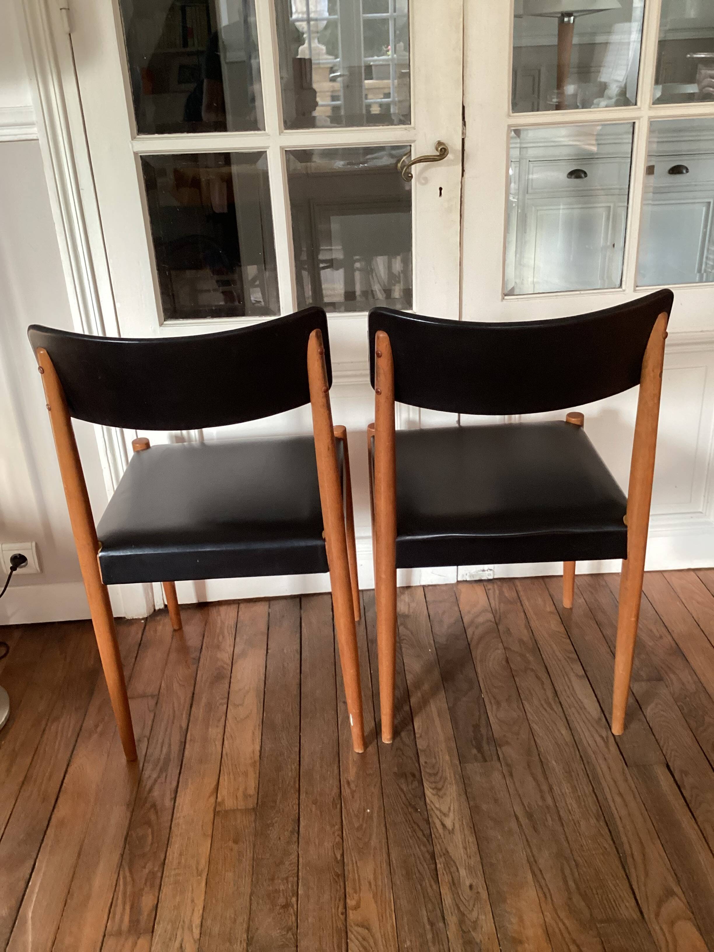Set of 2 Scandinavian chairs, black leatherette, vintage