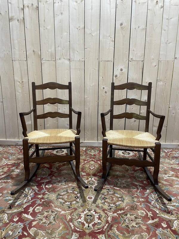 Paire de fauteuils pailles rustiques à bascule - rocking-chair chair