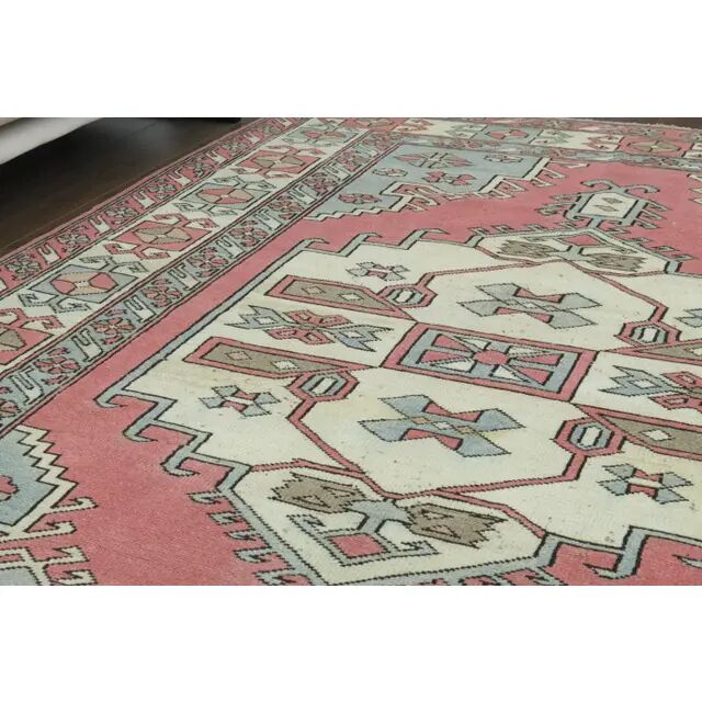 1970s vintage Turkish Oushak handmade wool cotton pink area rug 190x245