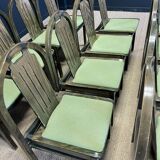 Set of 12 Baumann Argos bistro chairs in wood and green fabric from the 80s France