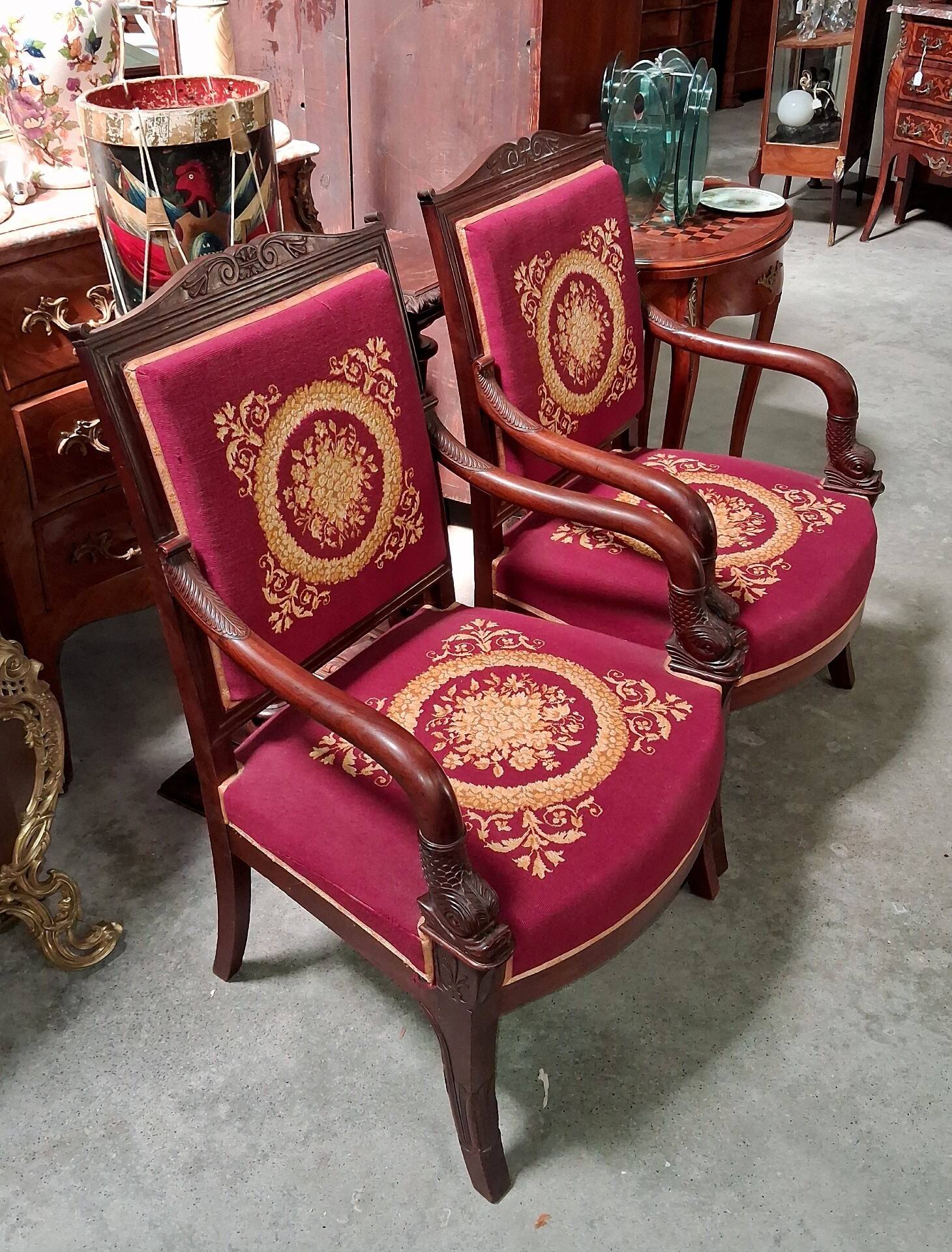 Pair of Empire Period Armchairs in Mahogany, Upholstered with Petit Point