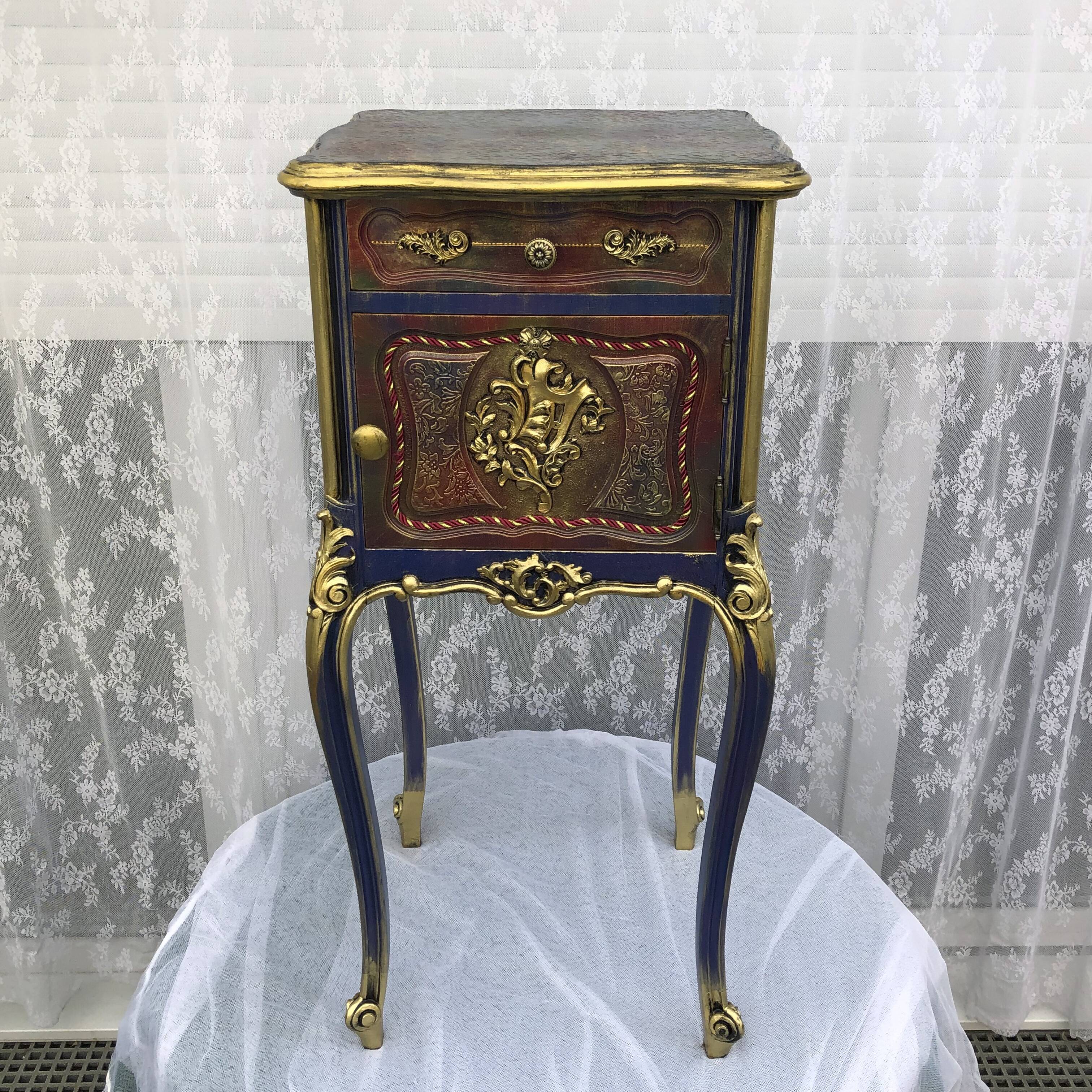 Classic revamped furniture – decorative blue and gold bedside table