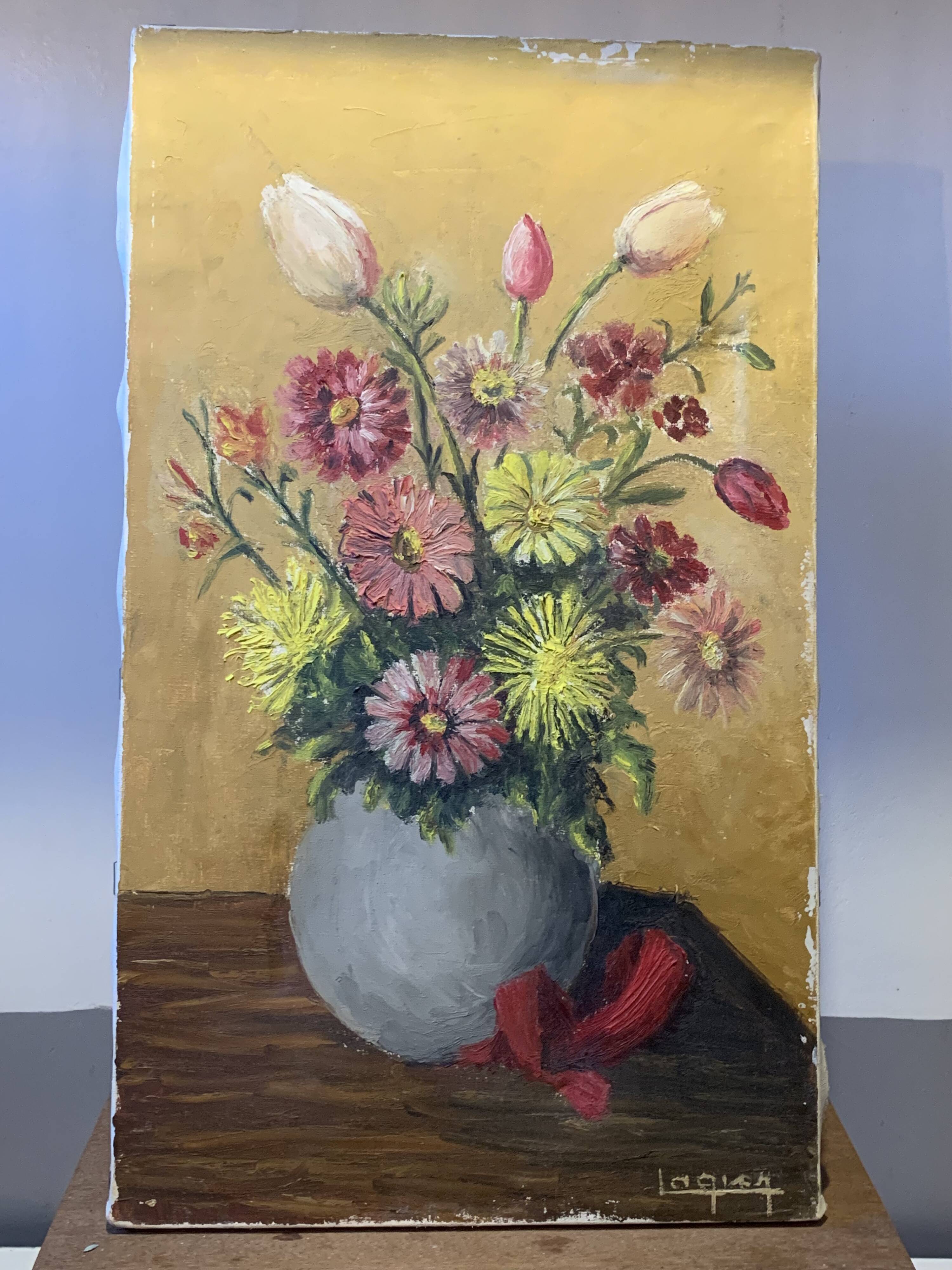 Painting the bouquet of flowers signed Lagier, canvas stretched on vintage frame