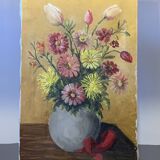Painting the bouquet of flowers signed Lagier, canvas stretched on vintage frame