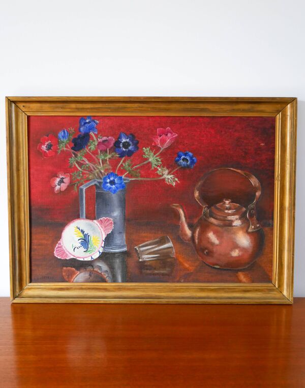 tableau huile sur panneau nature morte bouquet rouge et bleu 1950