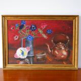 oil painting on panel still life red and blue bouquet 1950