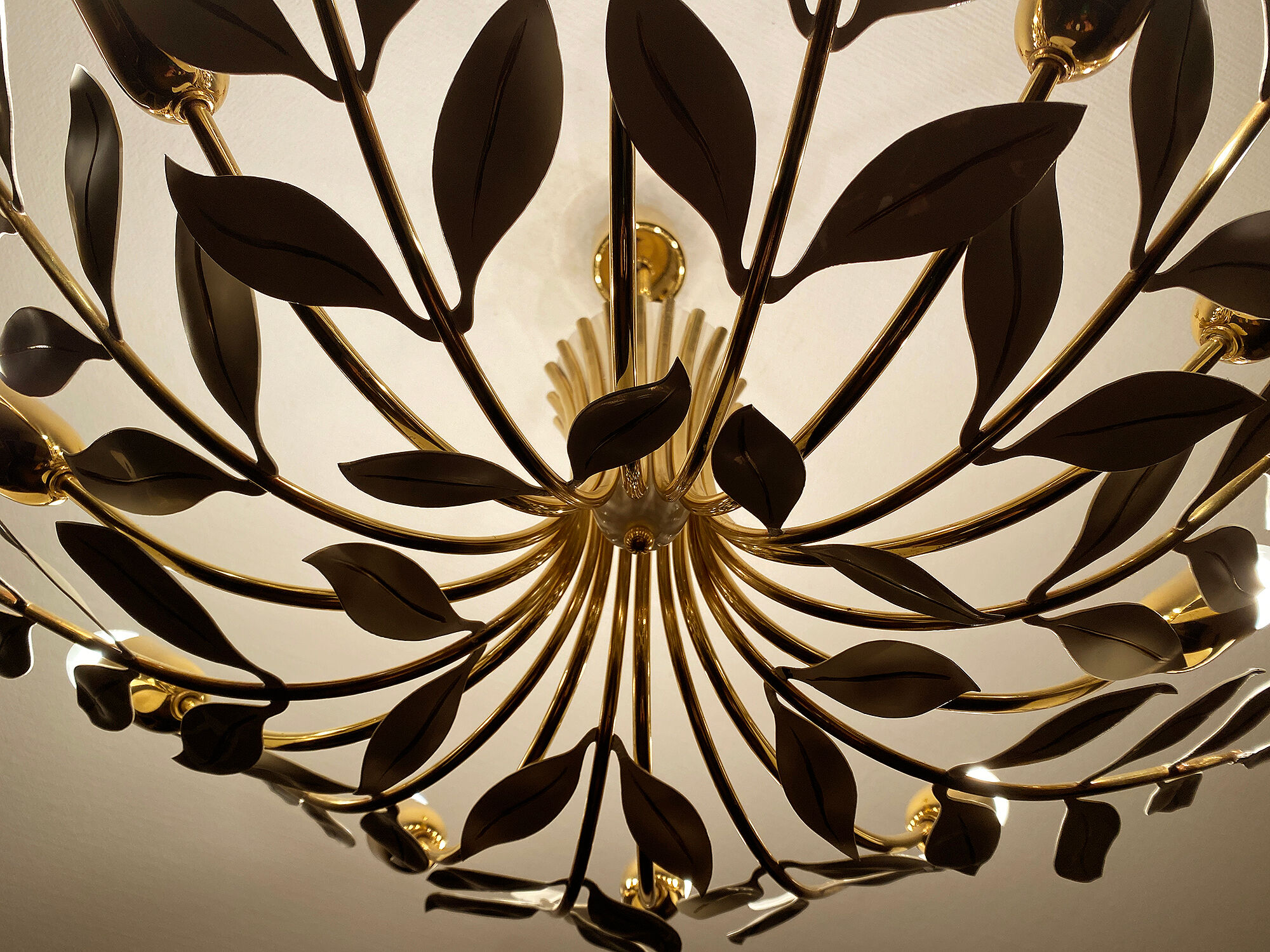 Large Pendant Lamp Vintage Pattern Bouquet Leaves, Brass, White Gold, 50s