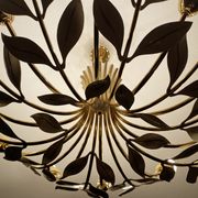 Large Pendant Lamp Vintage Pattern Bouquet Leaves, Brass, White Gold, 50s