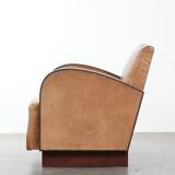 Art Deco design armchair made of cowhide leather in light cognac colour